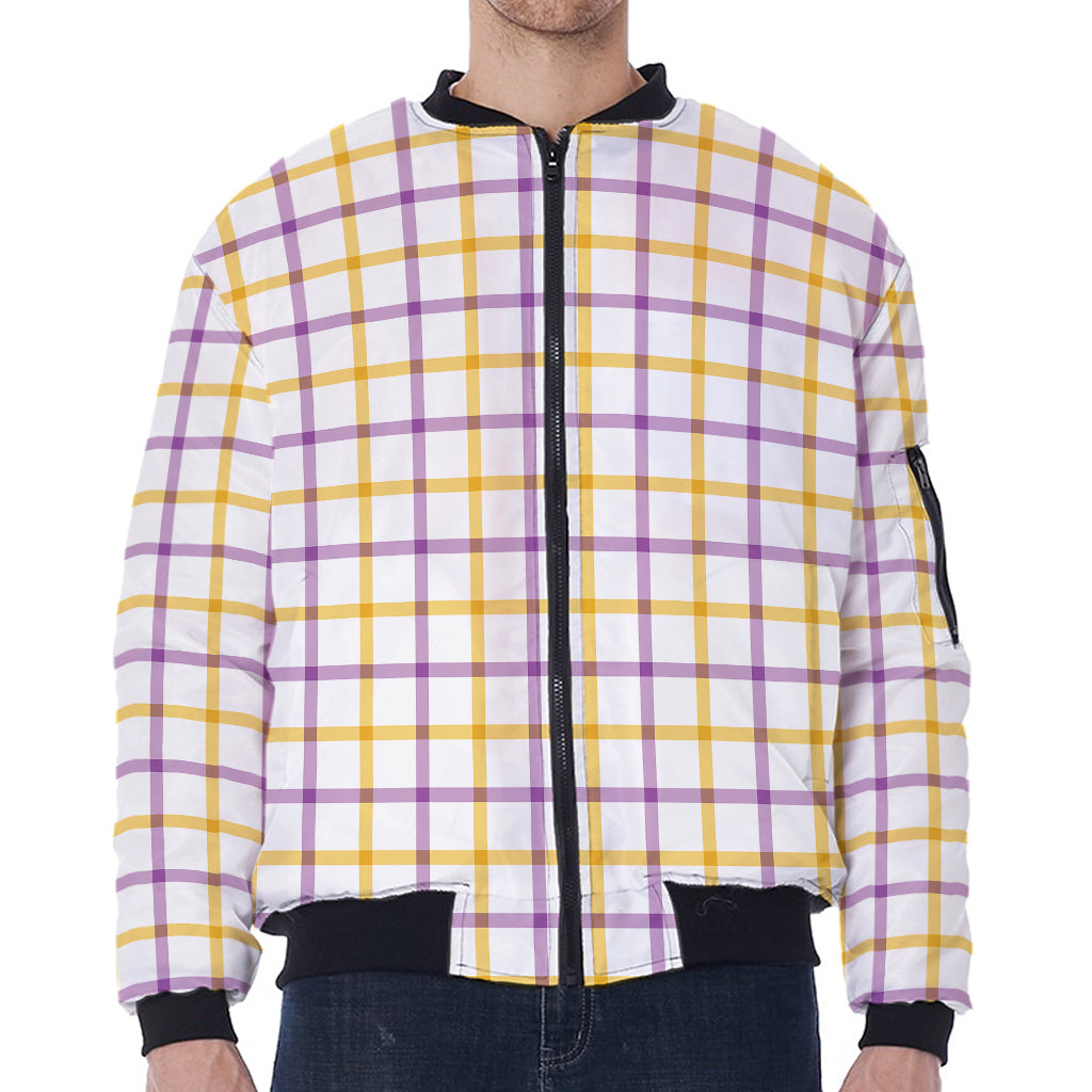 Yellow And Purple Tattersall Print Zip Sleeve Bomber Jacket