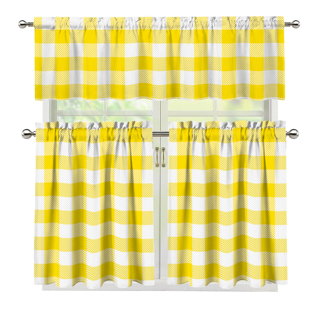 Yellow And White Buffalo Check Print 3 Piece Kitchen Curtains