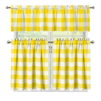 Yellow And White Buffalo Check Print 3 Piece Kitchen Curtains