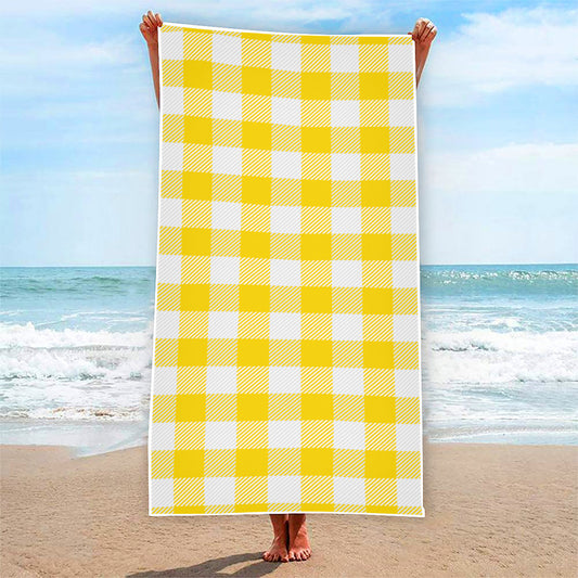 Yellow And White Buffalo Check Print Beach Towel