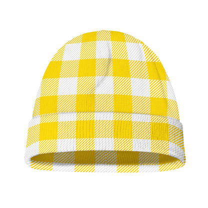 Yellow And White Buffalo Check Print Beanie