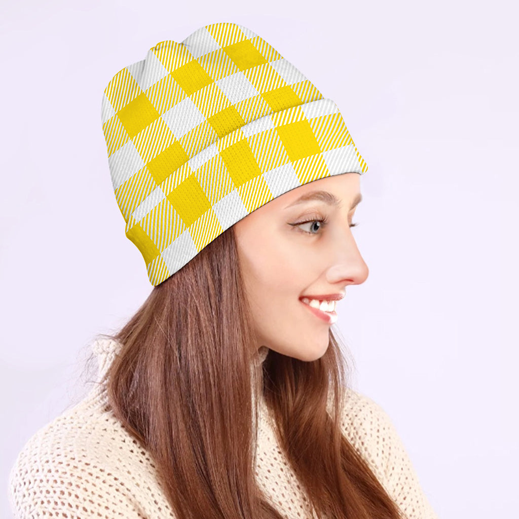 Yellow And White Buffalo Check Print Beanie