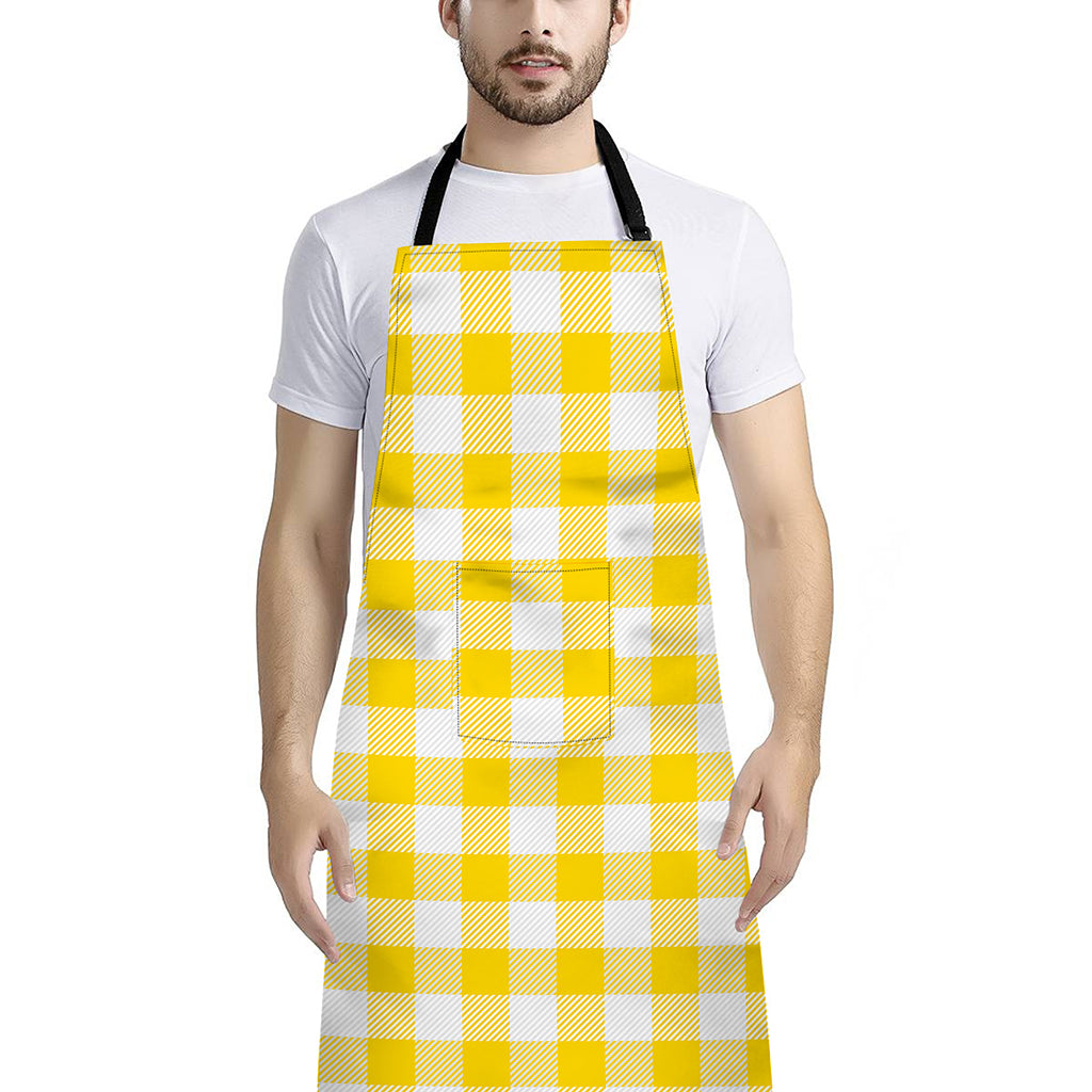 Yellow And White Buffalo Check Print Bib Apron With Pocket
