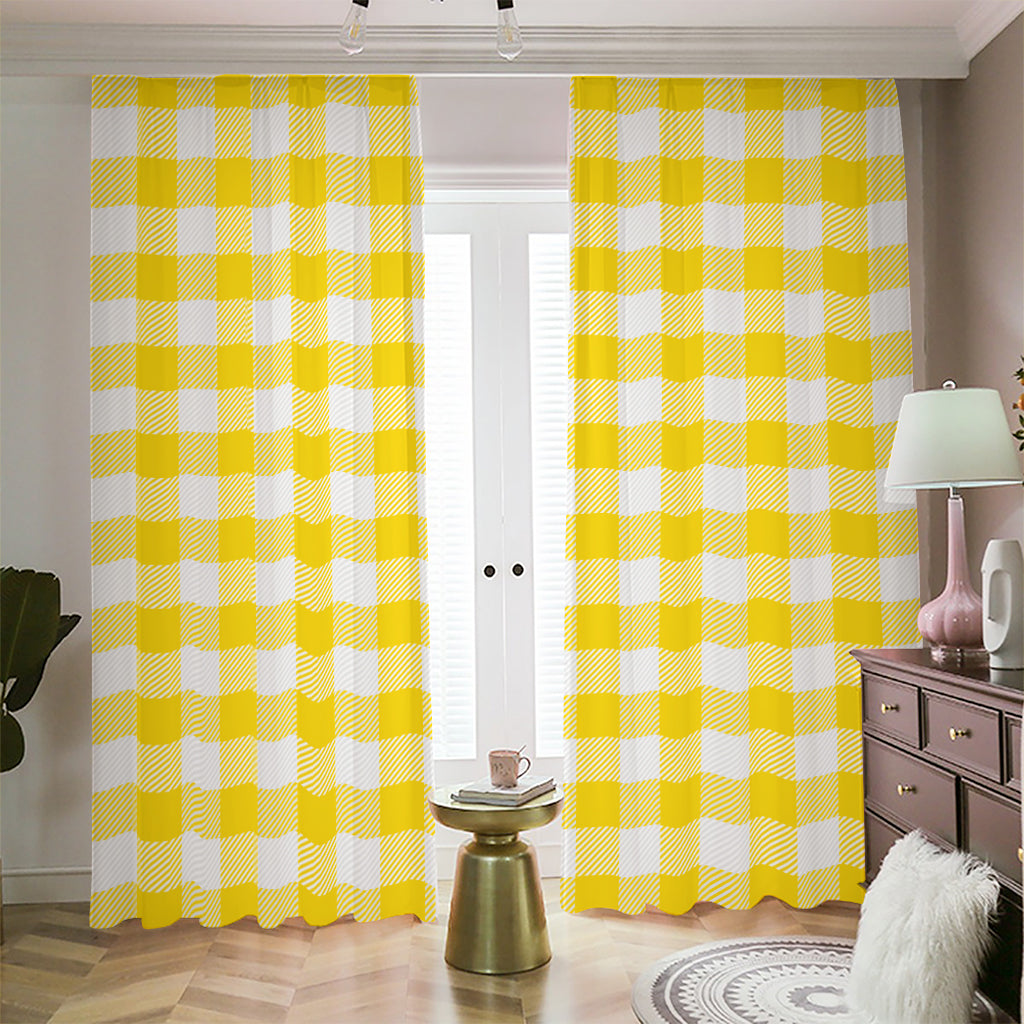 Yellow And White Buffalo Check Print Blackout Pencil Pleat Curtains