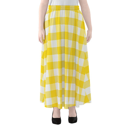 Yellow And White Buffalo Check Print Chiffon Maxi Skirt