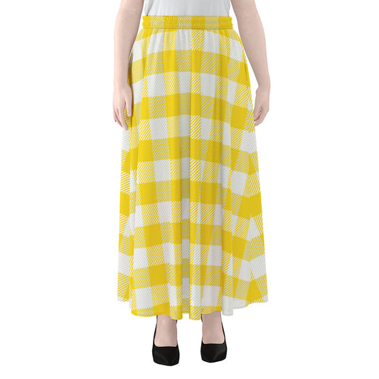 Yellow And White Buffalo Check Print Chiffon Maxi Skirt
