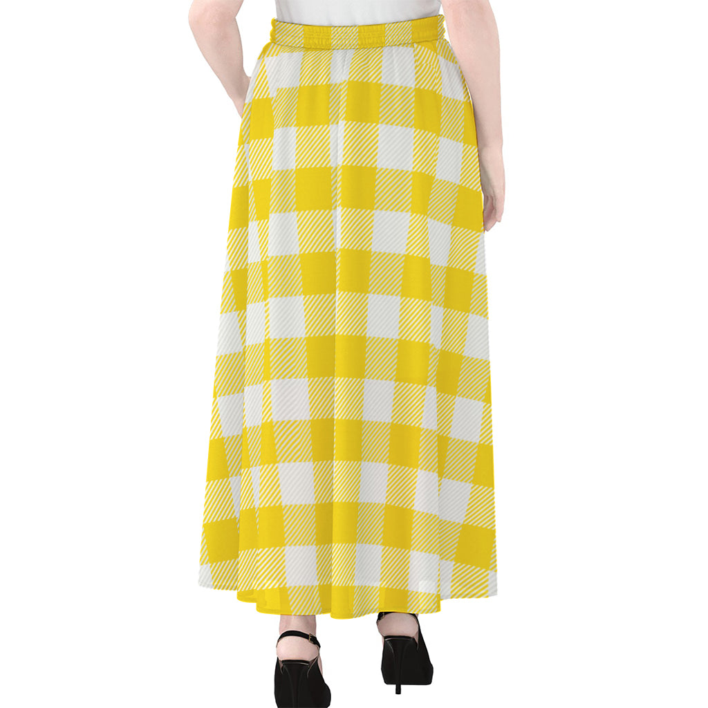 Yellow And White Buffalo Check Print Chiffon Maxi Skirt
