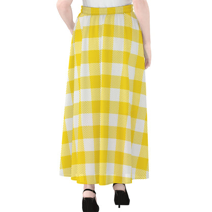 Yellow And White Buffalo Check Print Chiffon Maxi Skirt