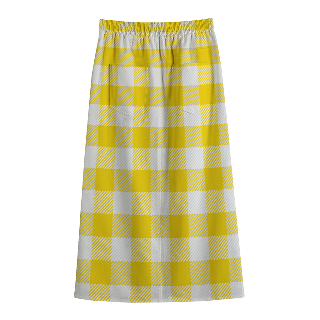 Yellow And White Buffalo Check Print Cotton Front Slit Maxi Skirt