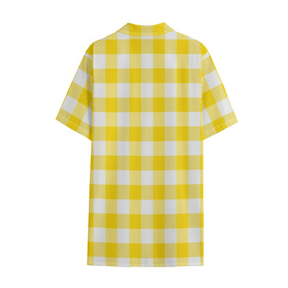 Yellow And White Buffalo Check Print Cotton Hawaiian Shirt
