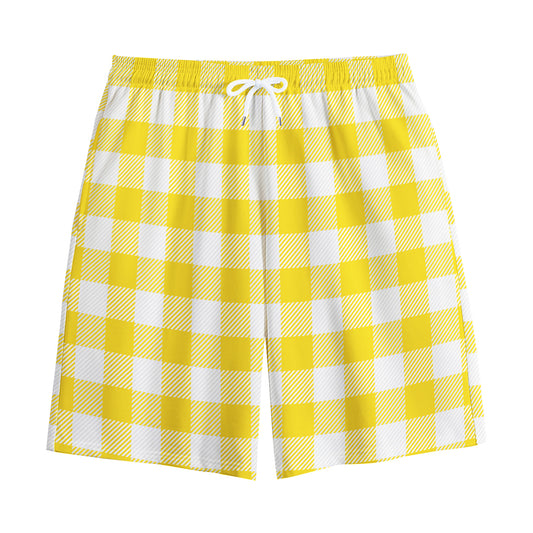 Yellow And White Buffalo Check Print Cotton Shorts