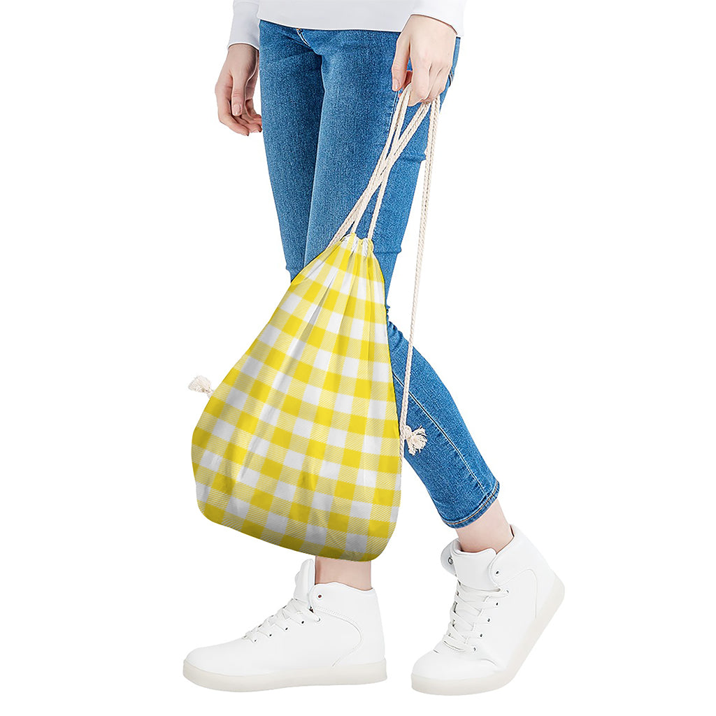 Yellow And White Buffalo Check Print Drawstring Bag