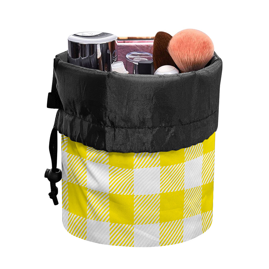 Yellow And White Buffalo Check Print Drawstring Makeup Bag