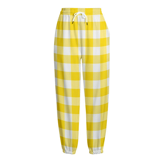 Yellow And White Buffalo Check Print Fleece Lined Knit Pants