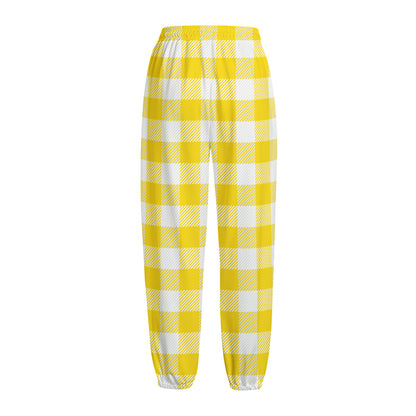 Yellow And White Buffalo Check Print Fleece Lined Knit Pants