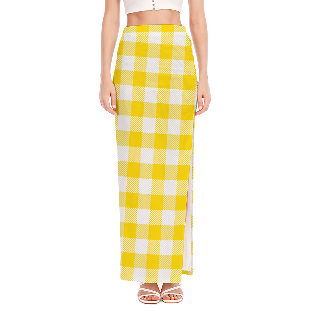Yellow And White Buffalo Check Print High Slit Maxi Skirt