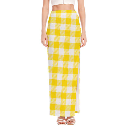 Yellow And White Buffalo Check Print High Slit Maxi Skirt