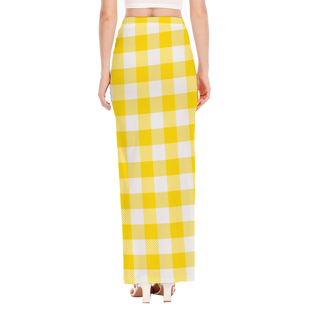 Yellow And White Buffalo Check Print High Slit Maxi Skirt