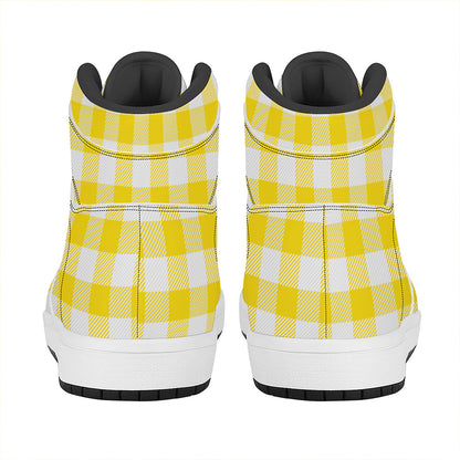 Yellow And White Buffalo Check Print High Top Leather Sneakers