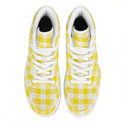 Yellow And White Buffalo Check Print High Top Leather Sneakers