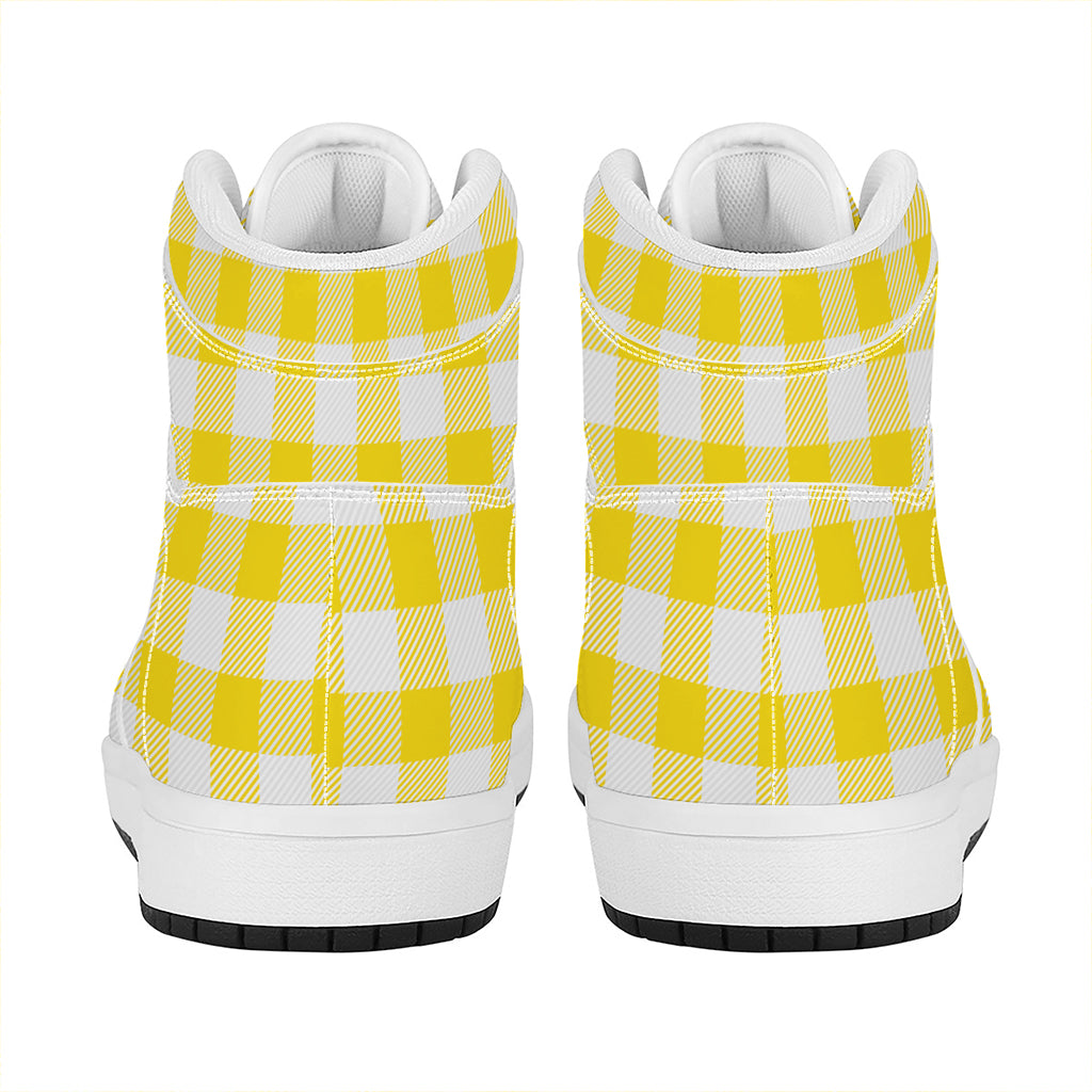 Yellow And White Buffalo Check Print High Top Leather Sneakers