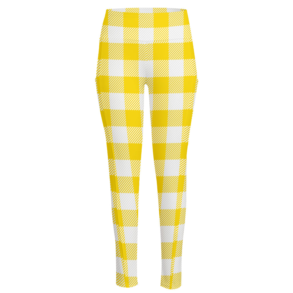 Yellow And White Buffalo Check Print High-Waisted Pocket Leggings
