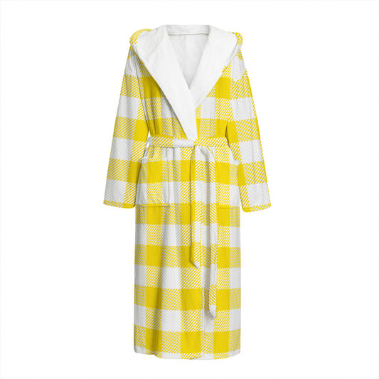 Yellow And White Buffalo Check Print Hooded Bathrobe