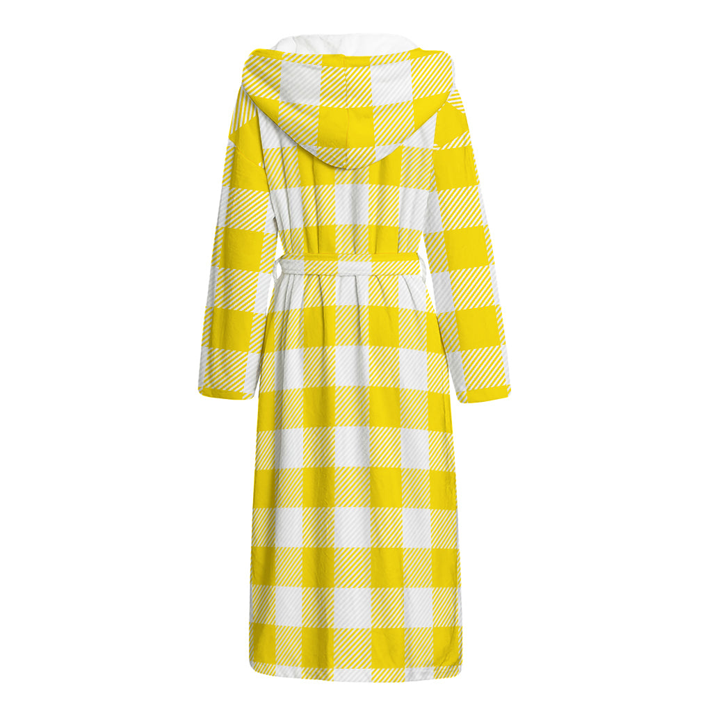Yellow And White Buffalo Check Print Hooded Bathrobe