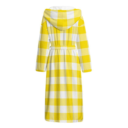 Yellow And White Buffalo Check Print Hooded Bathrobe