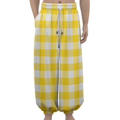 Yellow And White Buffalo Check Print Lantern Pants