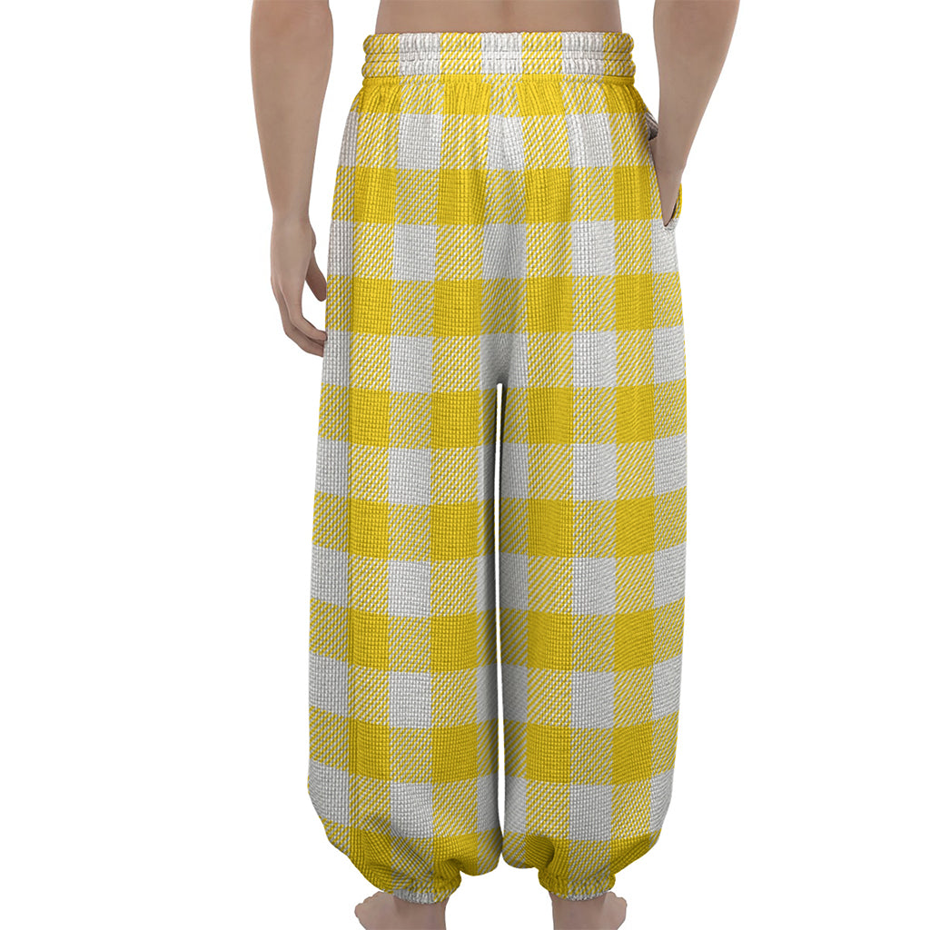 Yellow And White Buffalo Check Print Lantern Pants