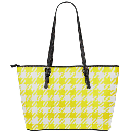 Yellow And White Buffalo Check Print Leather Tote Bag