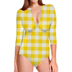 Yellow And White Buffalo Check Print Long Sleeve Swimsuit