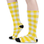Yellow And White Buffalo Check Print Long Socks