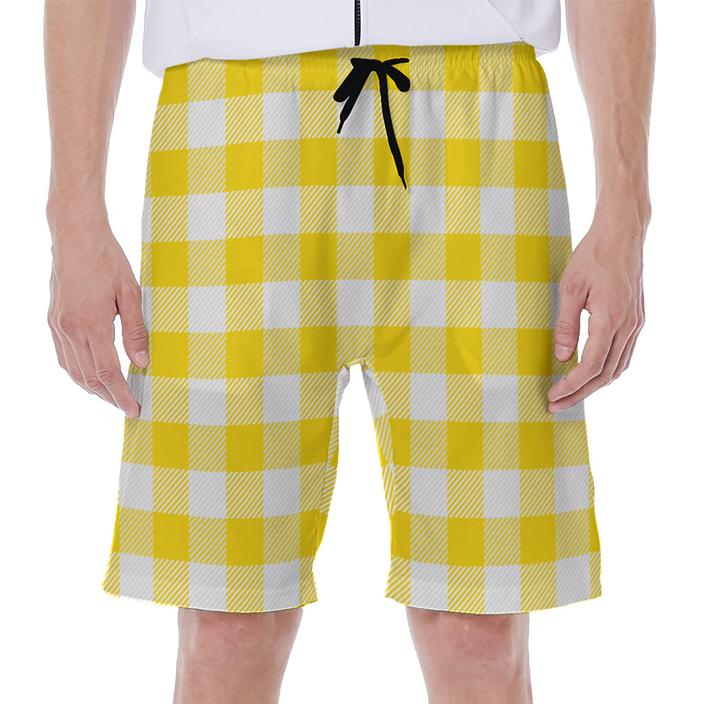 Yellow And White Buffalo Check Print Men's Beach Shorts