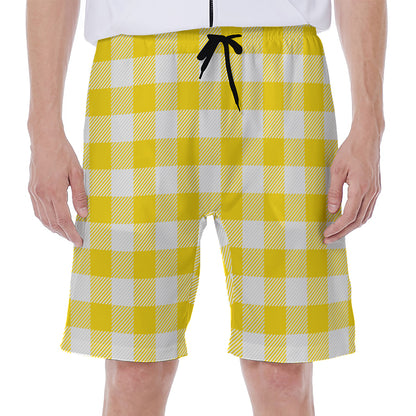 Yellow And White Buffalo Check Print Men's Beach Shorts