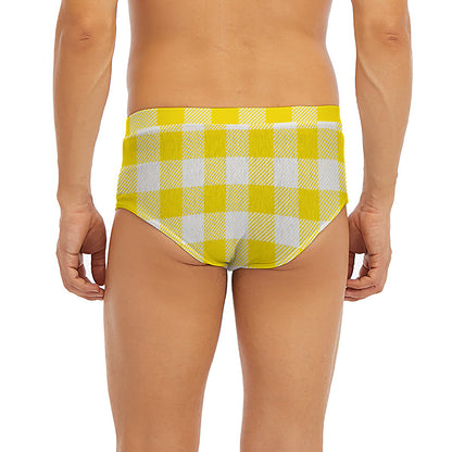 Yellow And White Buffalo Check Print Men's Briefs