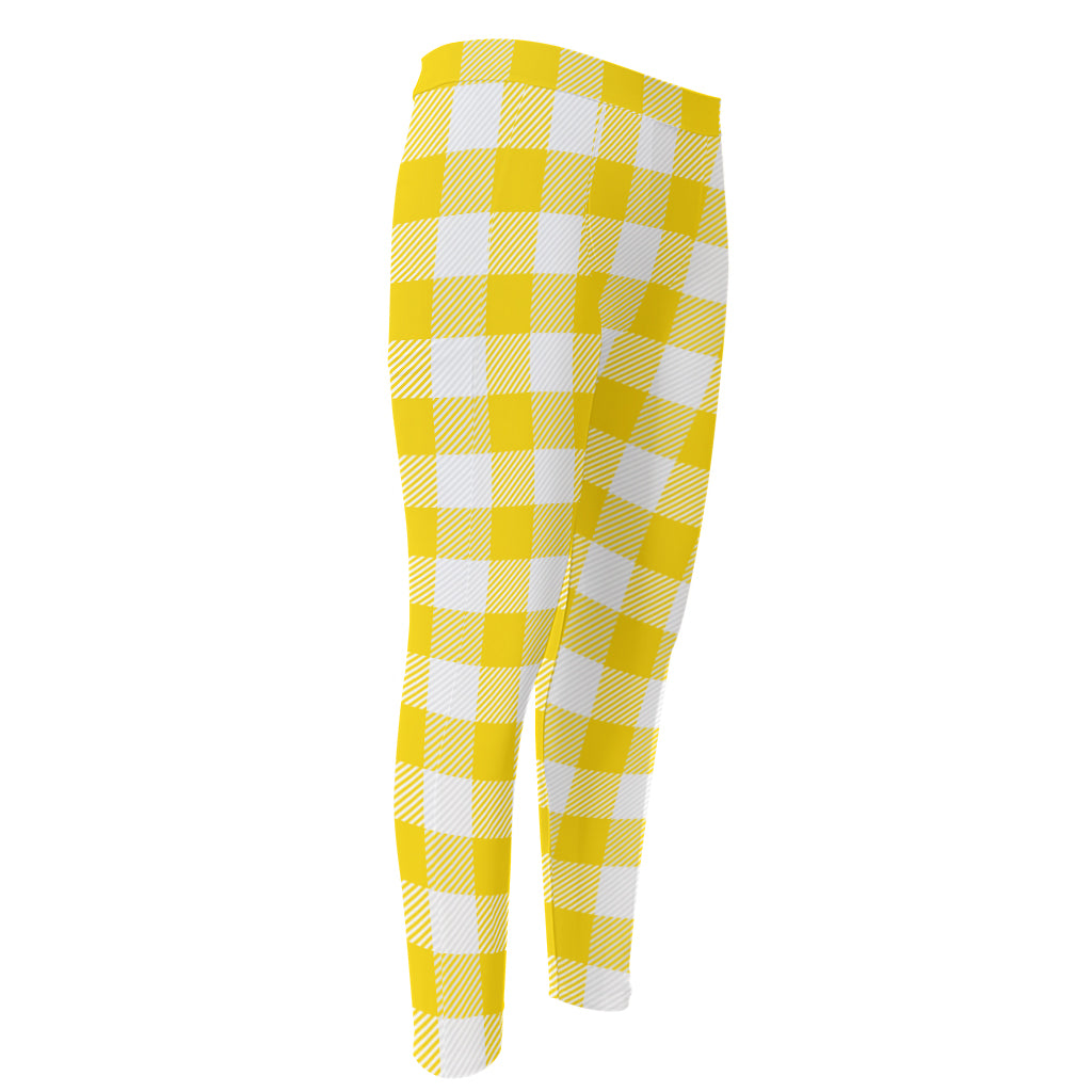 Yellow And White Buffalo Check Print Men's Compression Pants