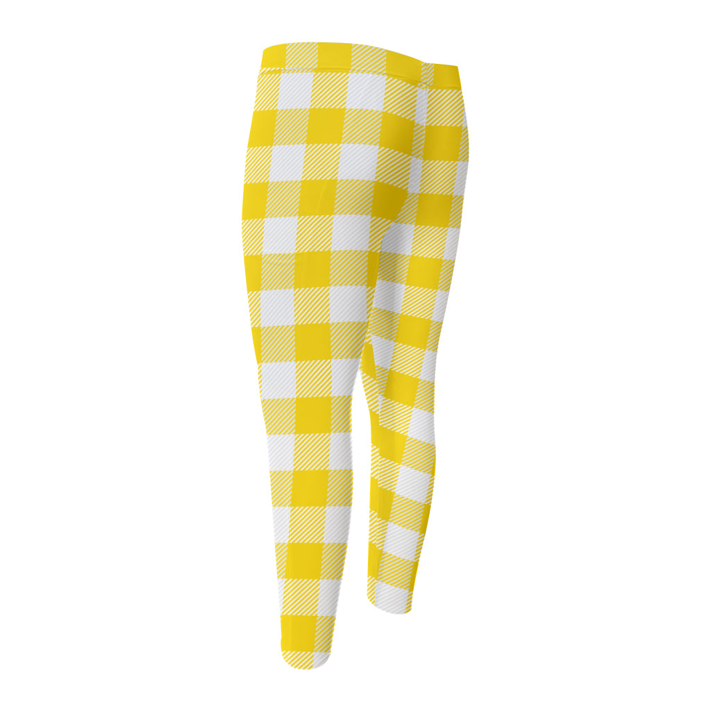 Yellow And White Buffalo Check Print Men's Compression Pants