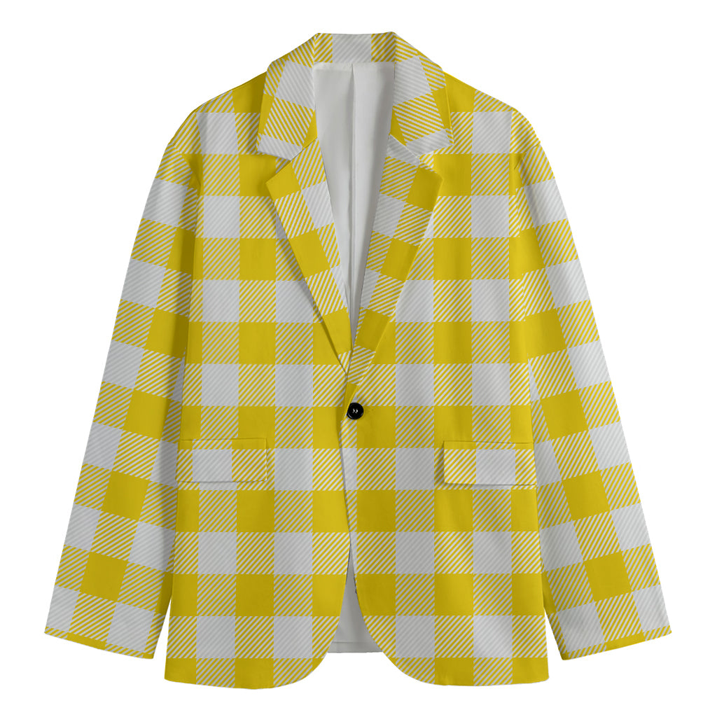 Yellow And White Buffalo Check Print Men's Cotton Blazer