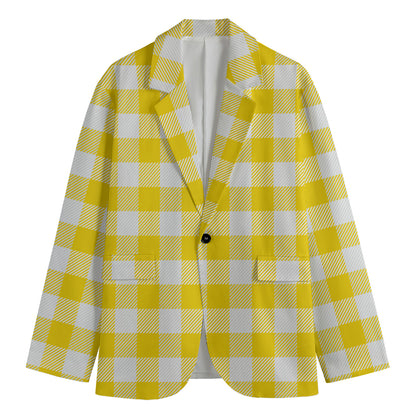 Yellow And White Buffalo Check Print Men's Cotton Blazer