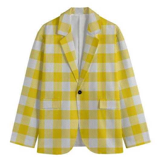 Yellow And White Buffalo Check Print Men's Cotton Blazer
