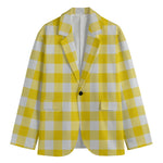 Yellow And White Buffalo Check Print Men's Cotton Blazer