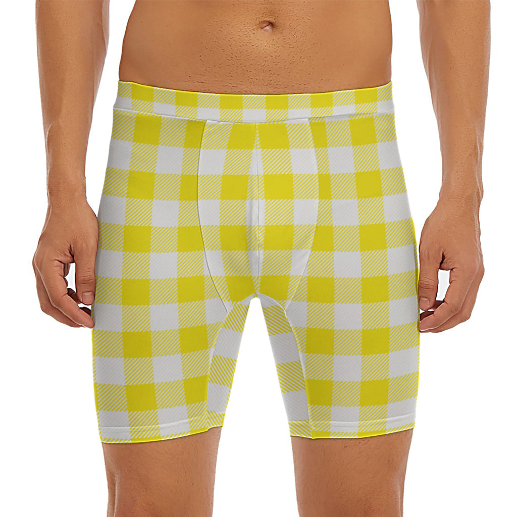 Yellow And White Buffalo Check Print Men's Long Boxer Briefs