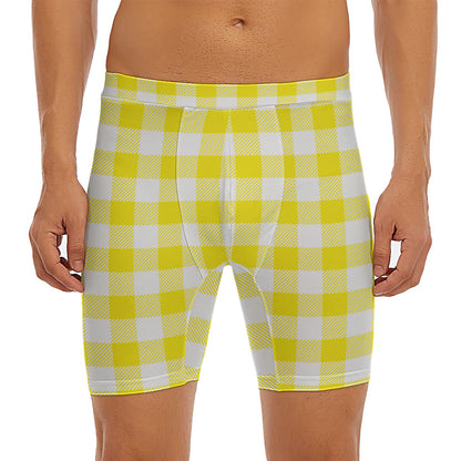Yellow And White Buffalo Check Print Men's Long Boxer Briefs