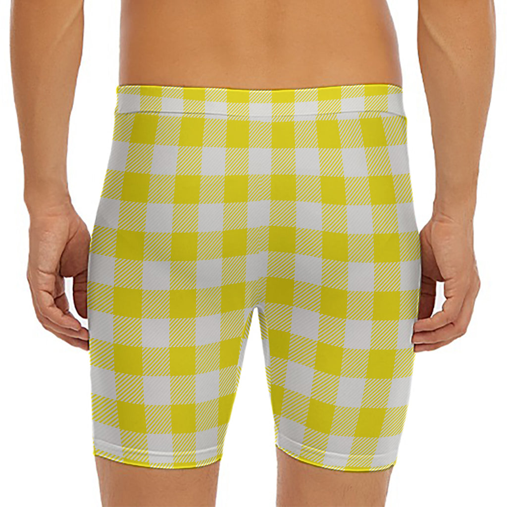 Yellow And White Buffalo Check Print Men's Long Boxer Briefs