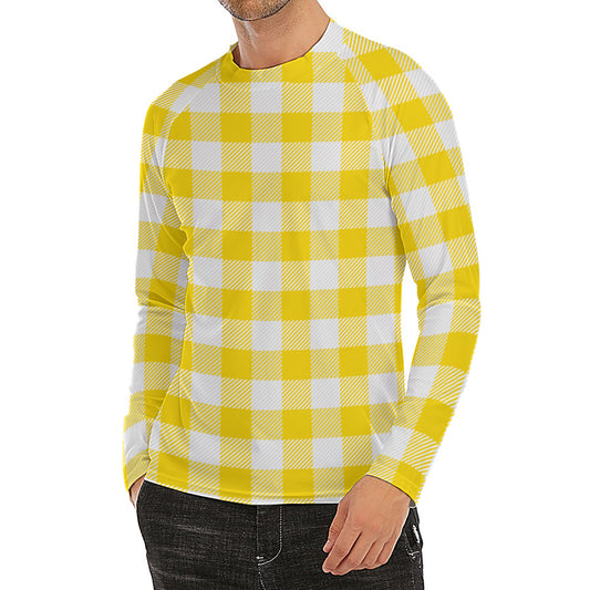 Yellow And White Buffalo Check Print Men's Long Sleeve Rash Guard