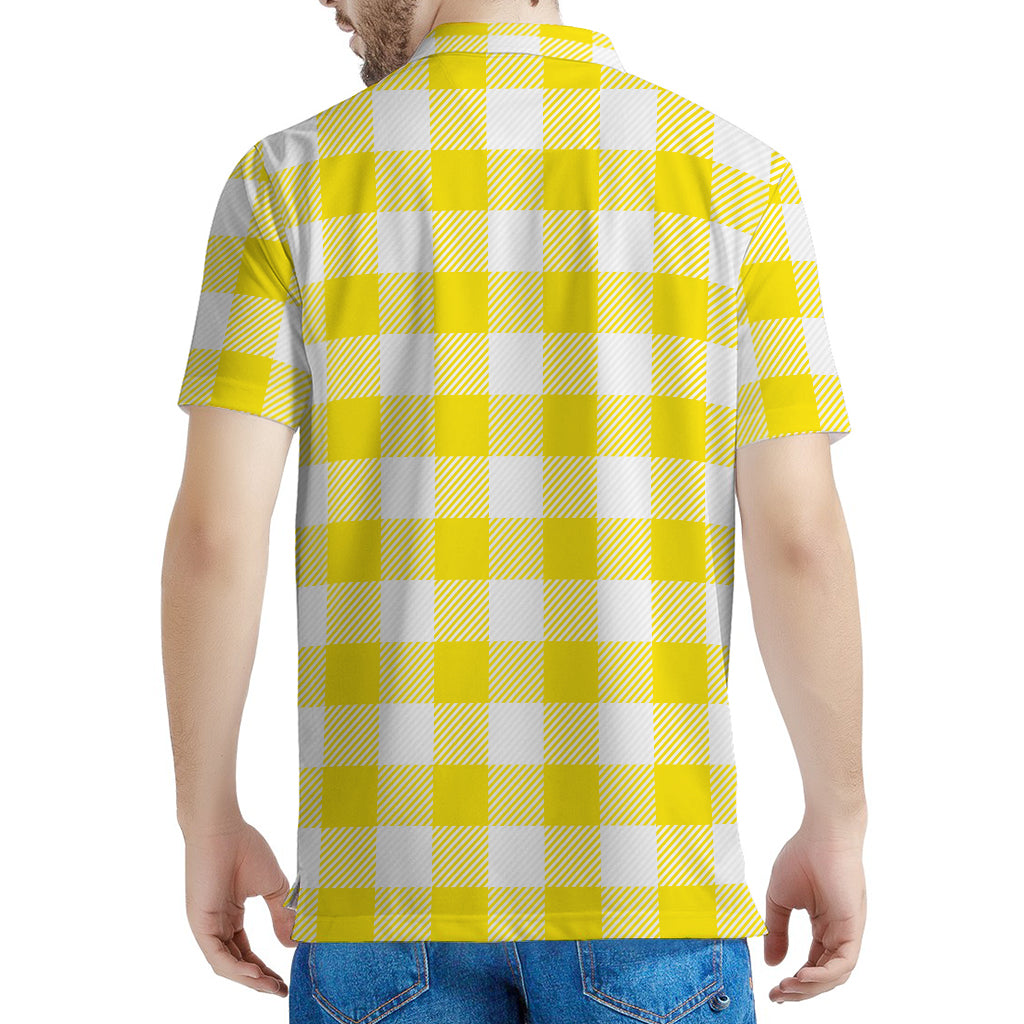 Yellow And White Buffalo Check Print Men's Polo Shirt