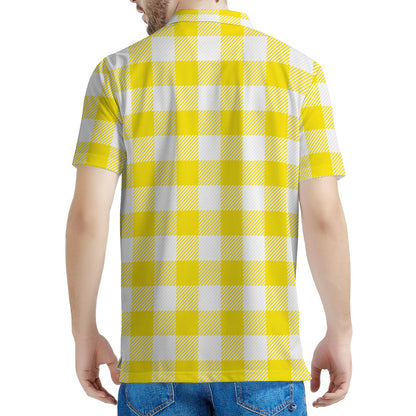 Yellow And White Buffalo Check Print Men's Polo Shirt