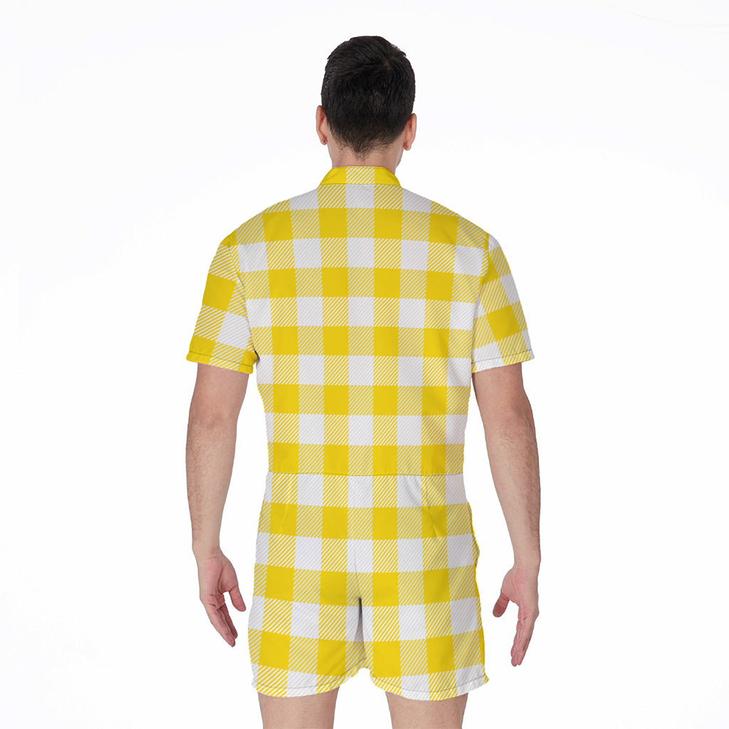 Yellow And White Buffalo Check Print Men's Rompers